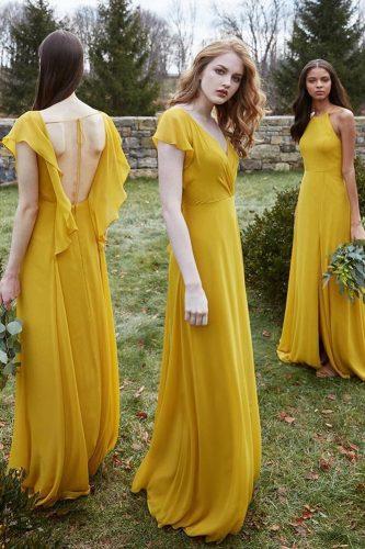 bright lemon summer color palette bridesmaid dresses long low back with sleeves jenny yoo nyc