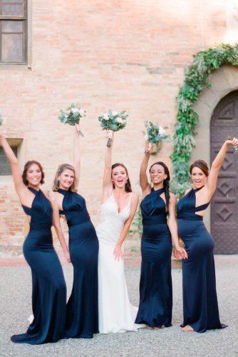 fall color palette bridesmaid dresses blue halter neckline long open back peter veronika