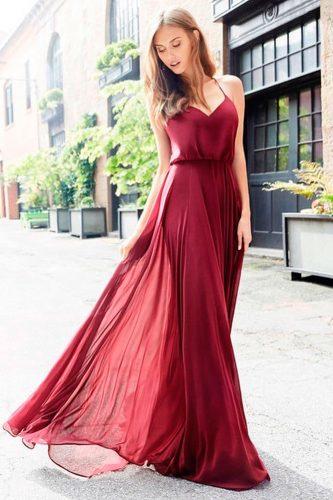 red pear fall color palette long v neckline spaghetti straps bridesmaid dresses hayley paige