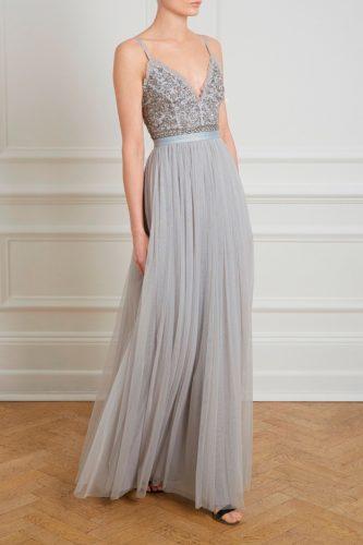 straight gathered skirt embroidered bodice bridesmaid dresses pastel grey fall color palette needle and thread