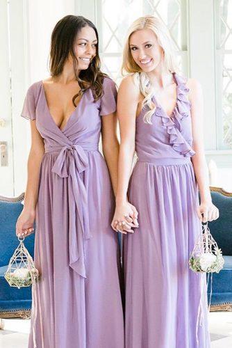 straight v neckline lavender with short sleeves long bridesmaid dresses summer color palette shop revelry