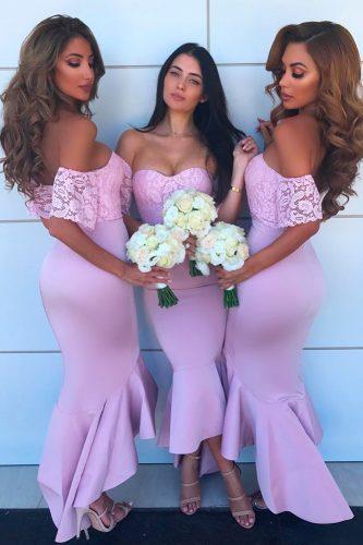 summer color palette mermaid medium length lace lavender off the shoulder bridesmaid dresses miss holly the label