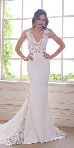 taya smith wedding sheath fit and flare lace bodice v neckline with straps sophia tolli