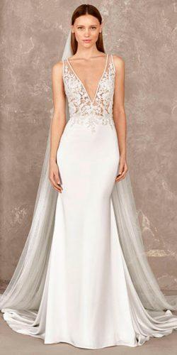 trumpet lace bodice deep v neckline with straps sleeveless veil taya smith wedding pronovias