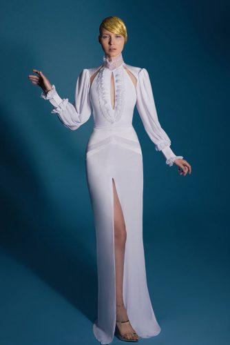 sheath long sleeves high neck white with slit lior charchy victorian wedding dresses
