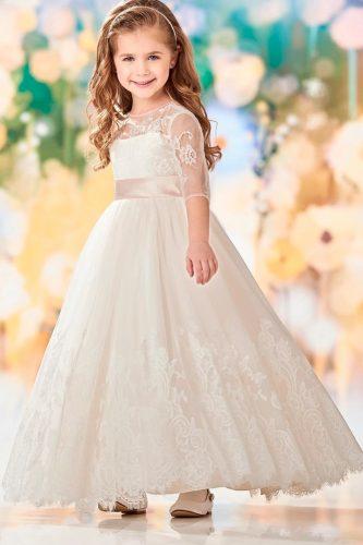 vintage illusion strapless neckline lace long sleeve ball gown flower girl dresses moncheri bridals