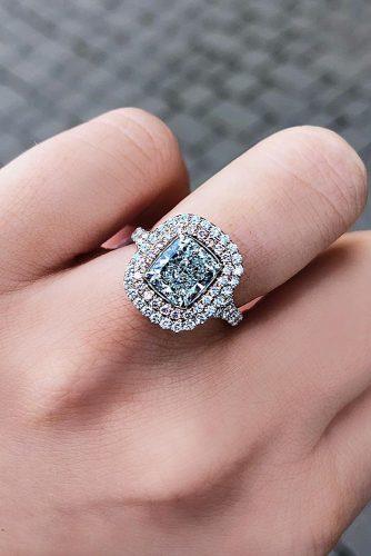 Verlobungsringe im Smaragdschliff Doppel-Halo-Blau-Diamant-Pflasterband