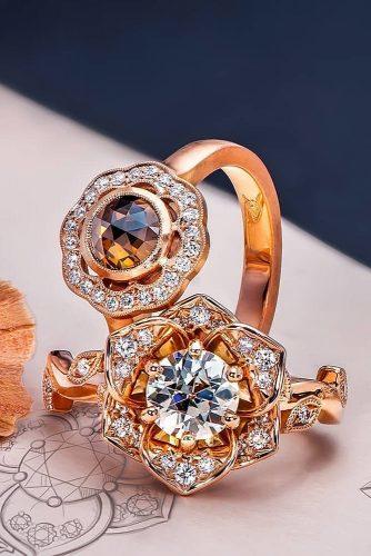 engagement ring designers floral halo cognac colored rose cut diamond
