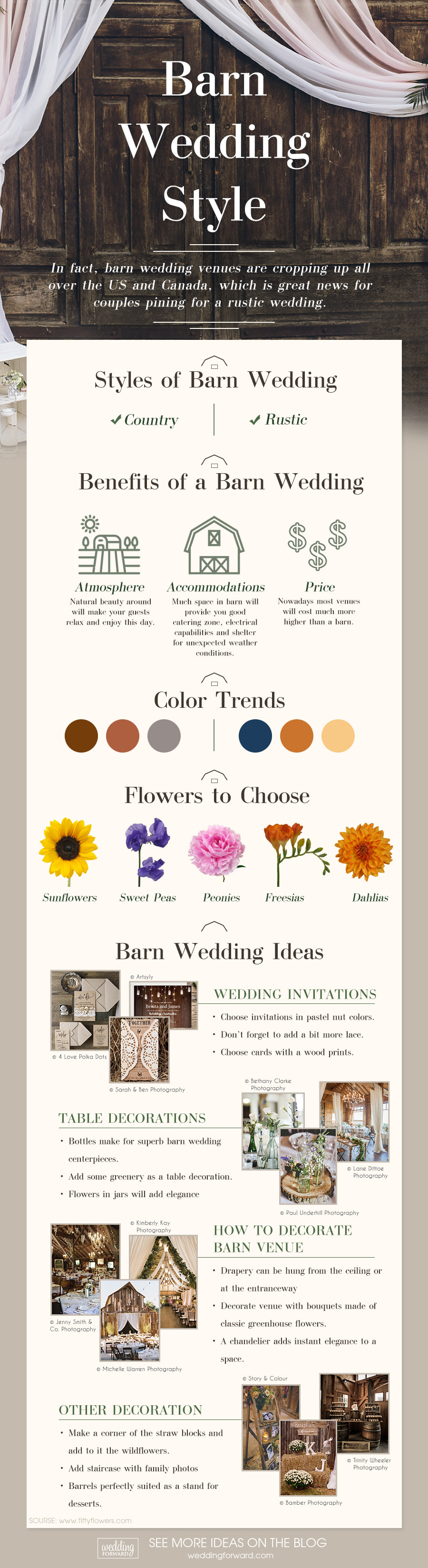 barn wedding style: colors, flowers, decors ideas