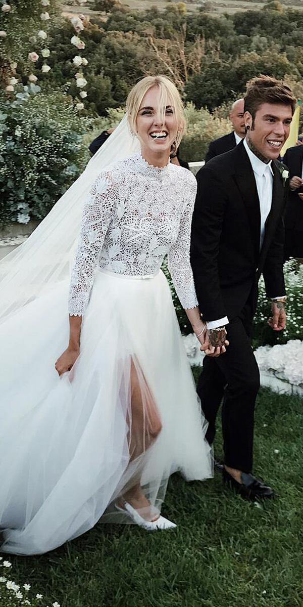 celebrity wedding dresses high neck with long sleeves lace top tulle skirt chiara ferragni
