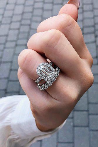 engagement ring emerald cut diamond halo wedding set white gold