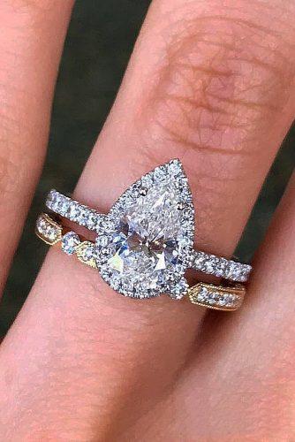 engagement ring pave band gold pear cut halo diamond