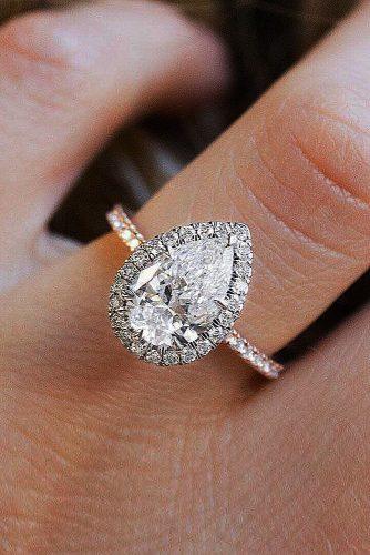 engagement ring rose gold pear cut halo diamond