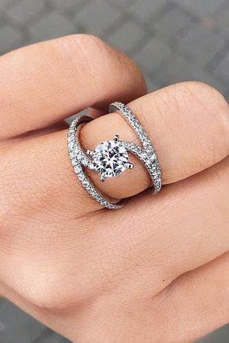 engagement ring round cut diamond unique modern pave band gold