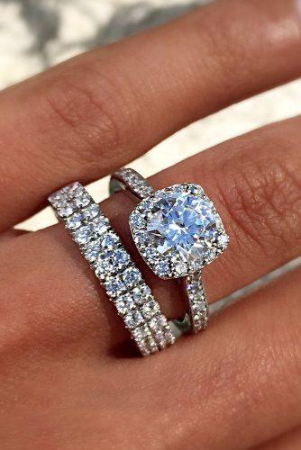 engagement ring wedding set halo round cut pave band diamond