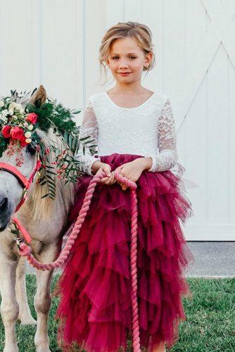 flower girl dresses ruffled skirt burgundy long sleeves lace top arabella and rose