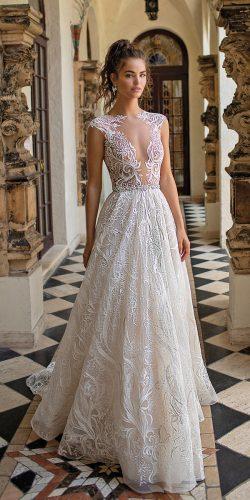 illusion lace neckline plunge cap sleeves a line berta wedding dresses 2019