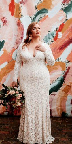 plus size wedding dresses sheath with long sleeves v neckline full lace heart aflutter