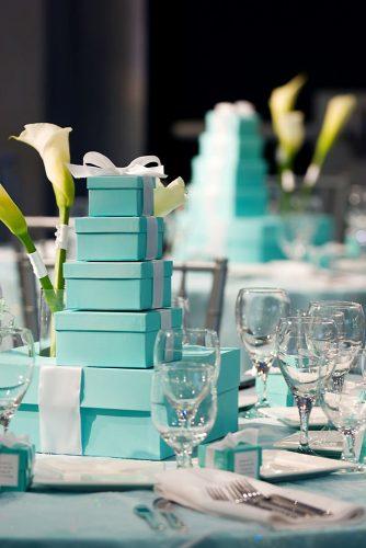 tiffany blue wedding decorations high stack of boxes with white ribbons centerpiece ric mershon photographers