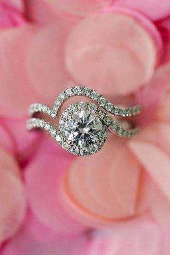 engagement ring round cut diamond halo unique pave band