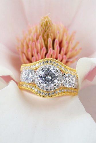 round engagement rings three stones diamond yellow gold