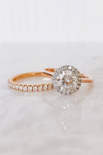 round engagement rings wedding set rose gold halo pave band