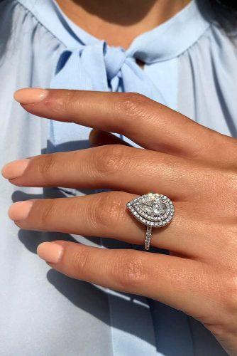 engagement ring pave band double halo pear cut