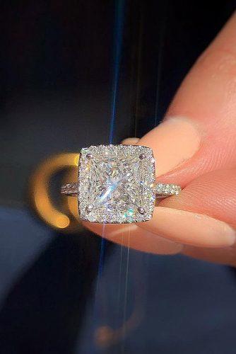 engagement ring princess cut halo diamond pave band white gold