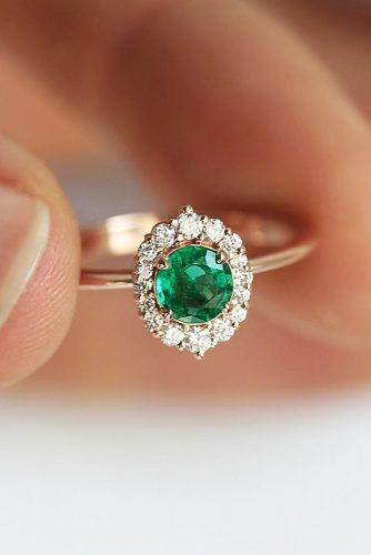engagement ring round cut green gemstone halo rose gold