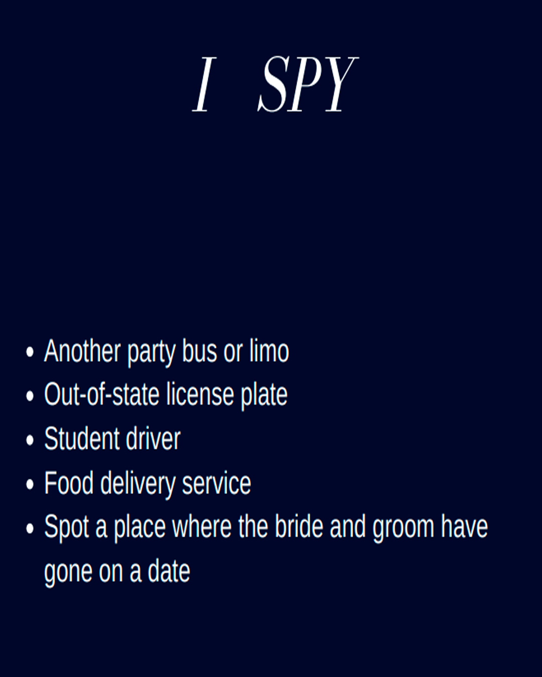 bachelor party games i spy