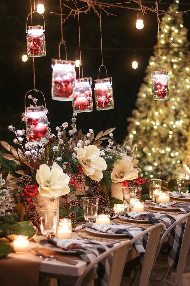 christmas wedding hanging jars and red decor table with white flowers and cones idreamofhomemaking