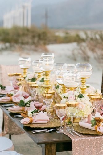 dusty rose wedding gold candle holders and plates on table with glitter tablerunner mibellephotographer