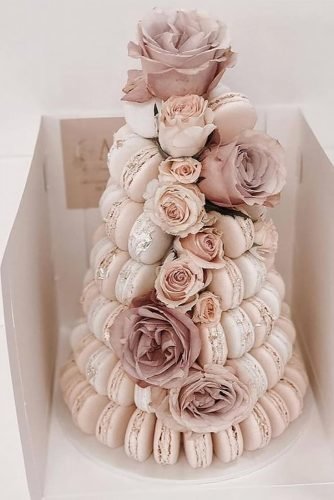 dusty rose wedding macaron tower cake with roses cakebyjennamarie