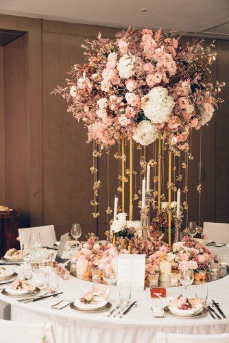 dusty rose wedding tall volume flower centerpiece hanging gold décor candles on mirror stand ciao_design