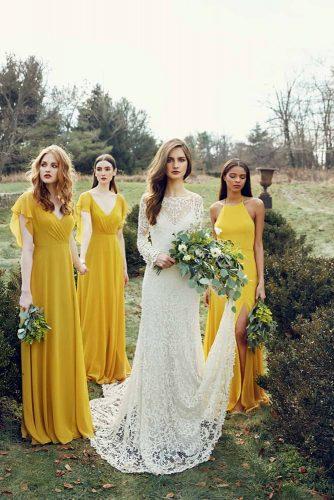 mustard wedding dresses for bridesmaids and bride in white lace on photography thismodernromance