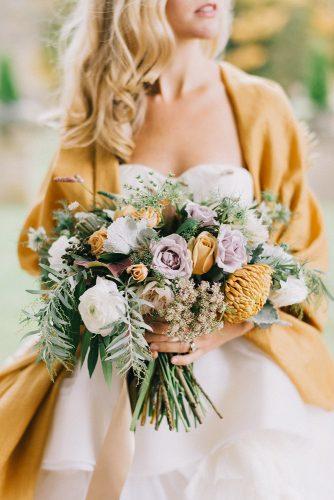 mustard wedding pale lilac and white roses with greenery lindsay hackney