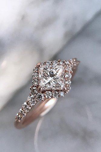 princess cut engagement rings rose gold pave band diamond halo