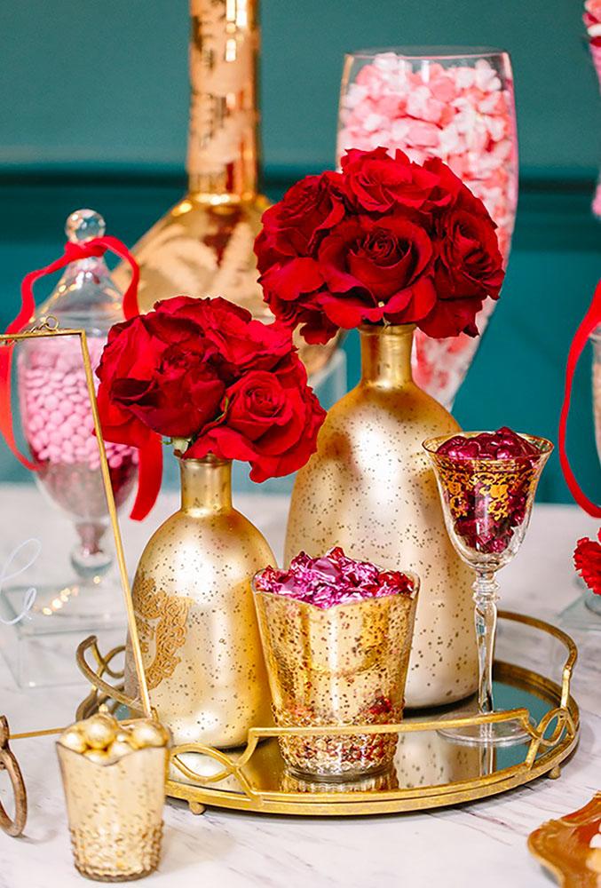 valentines day wedding ideas flower in gold bottle Brian Leahy Photography