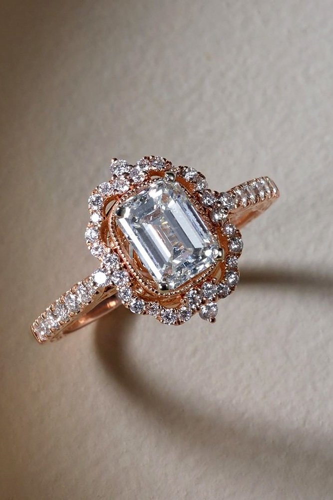 anniversary rings diamond engagement rings emerald cut rose gold halo rings unique hanecompany