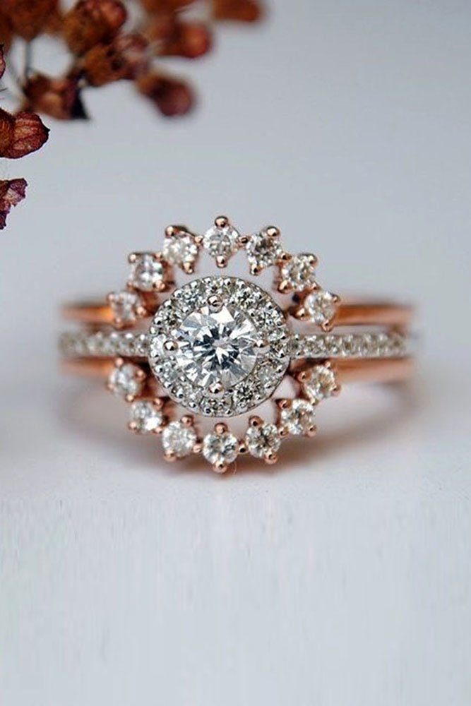 anniversary rings diamond round cut engagement rings rose gold halo rings unique poggenpoeljewel