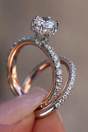 bridal sets cathedral round cut rose gold white gold pave band