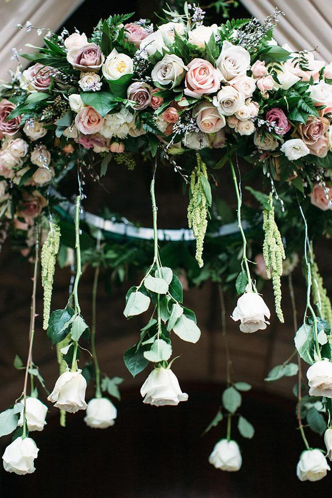 spring wedding decor gentle roses hanging lilac peach white greenery annaperevertaylo
