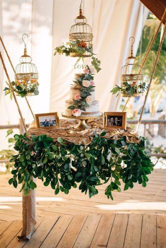 spring wedding decor hanging cake stand with roses and greenery in gold cages shoebox photography