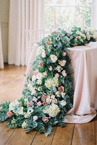 spring wedding decor vintage pink tablecloth with flower and greenery table runner imogenxiana