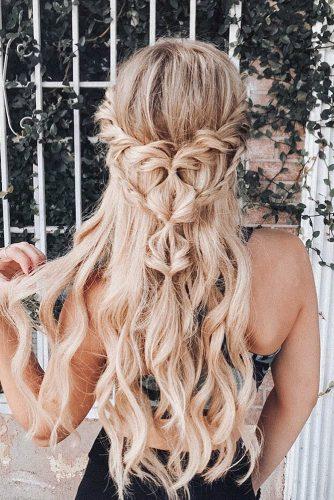 valentines day hairstyles long curly unique boho half up half down on blonde hair sassandbraids