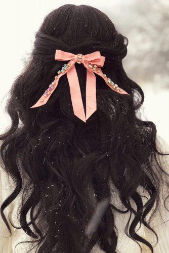 valentines day hairstyles long dark curly hair with pink ribbon the_sugared_lemon