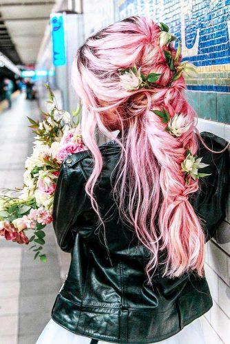 valentines day hairstyles long pink hair half up half down with braids and white roses cruzmakeup