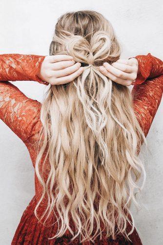 valentines day hairstyles long wavy blonde hair heart shaped half up half down kassinka