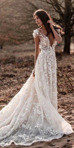 a line wedding dresses with cap sleeves deep v neckline with 3d floral berta