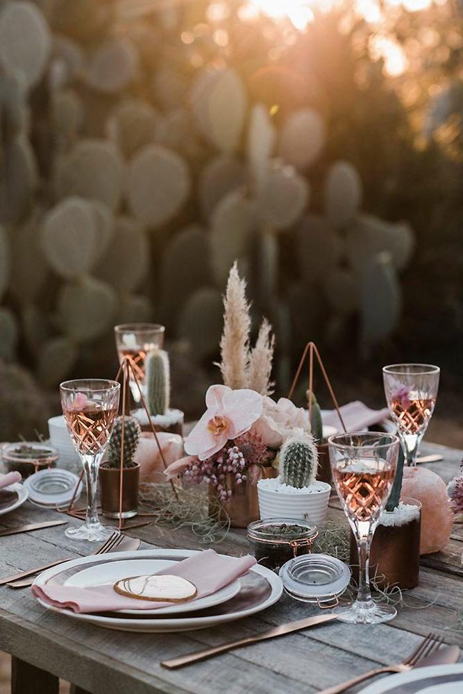 bohemian wedding decorations pale pink orchids cactuses gold pyramids centerpieces immerse photography
